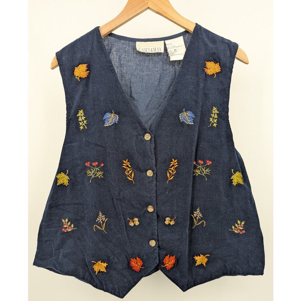 Vintage Casey & Max Navy Blue Corduroy Floral Embroidered Vest Womens XL Fall